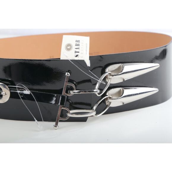 Vintage Set of 2 Black Patent Leather Wide Belts Silver Studded Chain Punk M 85 - Picture 8 of 16